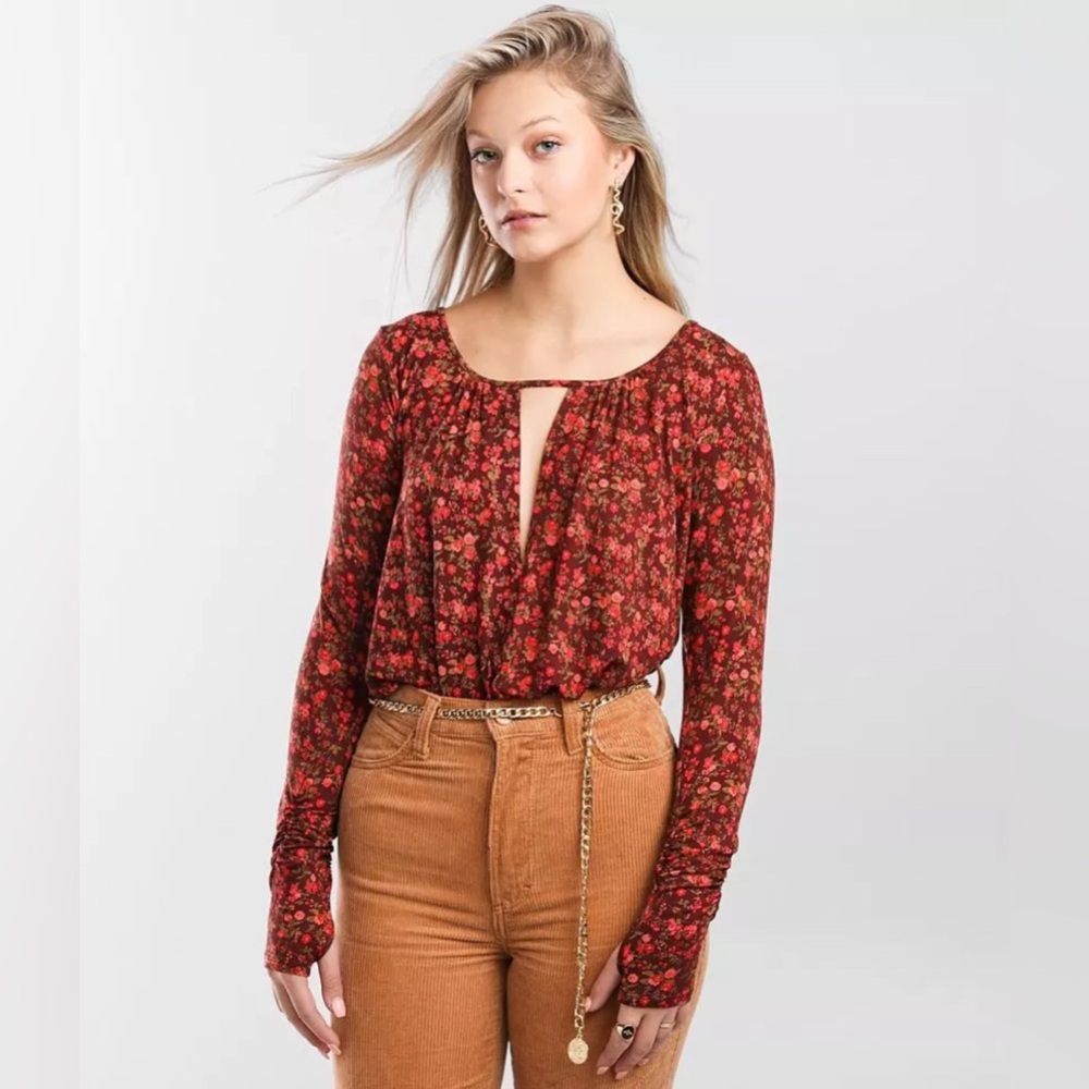Free People Kaya Floral Keyhole Bodysuit In Brown And Red Size Medium